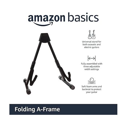 Amazon Basics Adjustable Guitar Folding A-Shape Frame Stand for Acoustic and Electric Guitars with Non-Slip Rubber and Soft Foam Arms, Fully Assembled, Black