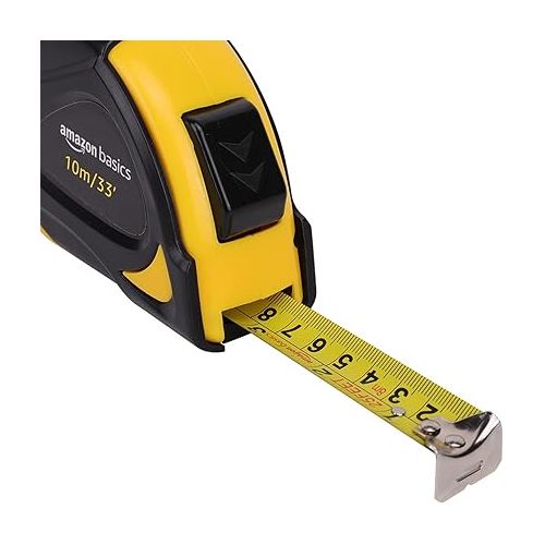  Amazon Basics Self-Locking Tape Measure, 33-Feet (10-Meters), Inch/Metric Scale, MID Accuracy, Black, Yellow