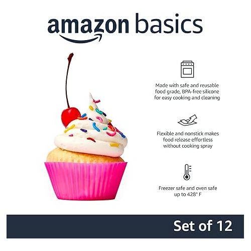  Amazon Basics Reusable Silicone Round Baking Cups, Muffin Liners, Pack of 12, Multicolor, 2.9 X 2.96 X 1.3 Inch