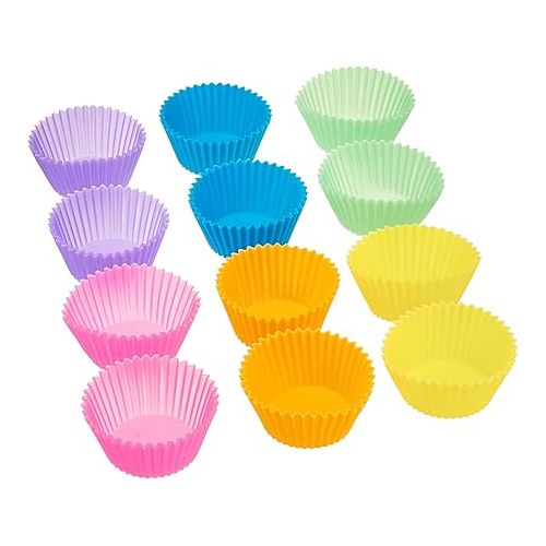  Amazon Basics Reusable Silicone Round Baking Cups, Muffin Liners, Pack of 12, Multicolor, 2.9 X 2.96 X 1.3 Inch