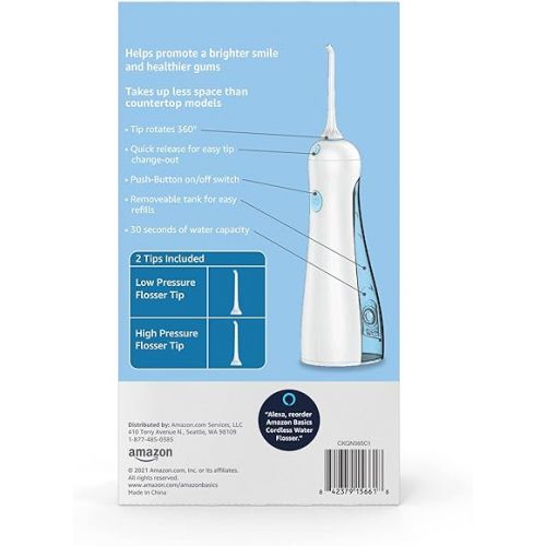  Amazon Basics HydroClean Cordless Water Flosser, 1 Handle, 2 Flosser Tips, 2 AA batteries included