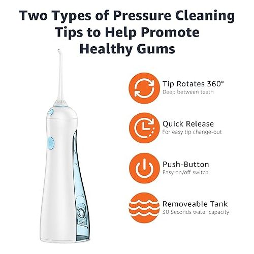  Amazon Basics HydroClean Cordless Water Flosser, 1 Handle, 2 Flosser Tips, 2 AA batteries included