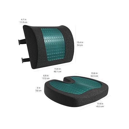 Amazon Basics Seat Cushion & Lumbar Support, Cool Gel Memory Foam, Rectangular, 2-Pack, Black