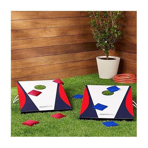  Amazon Basics Cornhole Set with 2 Boards, 8 Bean Bags, and Travel Carry Case, Blue/Red