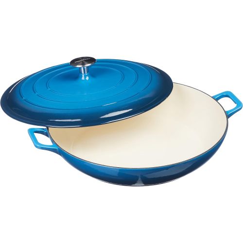  AmazonBasics Enameled Cast Iron Covered Casserole Skillet, 3.3-Quart, Blue