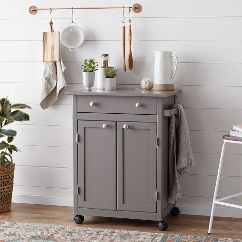  Amazon Basics Classic Rolling Kitchen Cart with Cabinet and Towel Bar, Solid Rubberwood Top - Rustic Gray