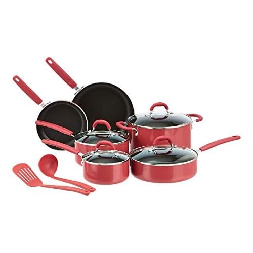  Amazon Basics Ceramic Non-Stick 12-Piece Cookware Set, Red - Pots, Pans and Utensils