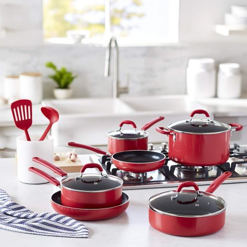  Amazon Basics Ceramic Non-Stick 12-Piece Cookware Set, Red - Pots, Pans and Utensils