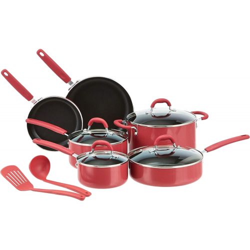  Amazon Basics Ceramic Non-Stick 12-Piece Cookware Set, Red - Pots, Pans and Utensils