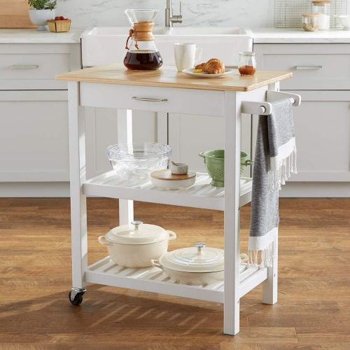  Amazon Basics Kitchen Island Cart with Storage, Solid Wood Top and Wheels - Natural / White