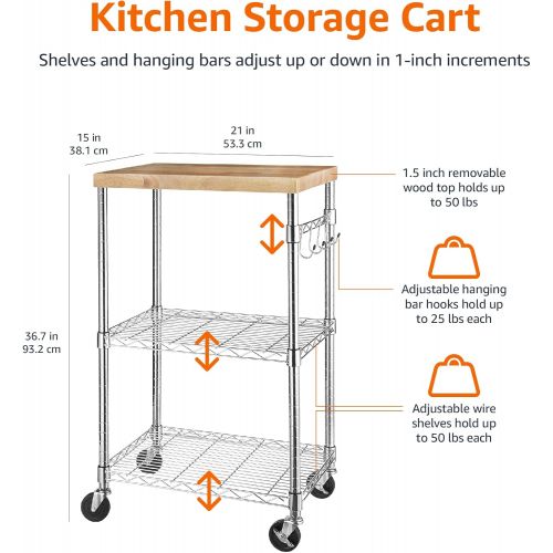  Amazon Basics Kitchen Storage Microwave Rack Cart on Caster Wheels with Adjustable Shelves, 175-Pound Capacity - Chrome/Wood