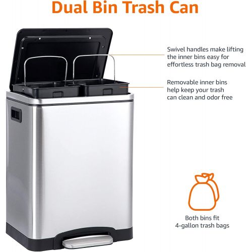  AmazonBasics Rectangle Soft-Close Trash Can with Double Inner Buckets - 2 x 15L