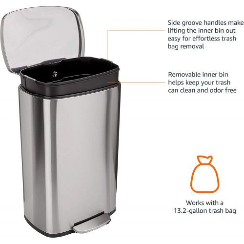  AmazonBasics Rectangle, Stainless Steel, Soft-Close, Step Trash Can, 50L, Satin Nickel