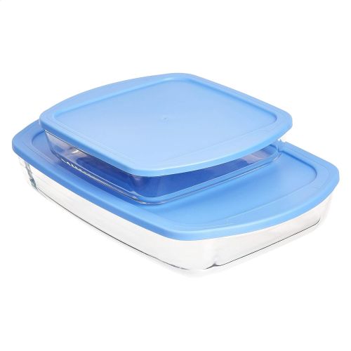  Amazon Basics Oven Safe Glass Baking and Food Storage Dish Set with BPA-Free Lids, Set of 2, Rectangular 3.6L and Square 1.6L