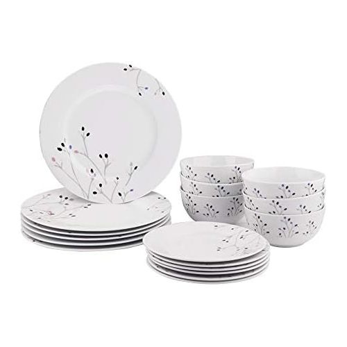  [아마존베스트]Amazon Basics 18-Piece Kitchen Dinnerware Set, Plates, Dishes, Bowls, Service for 6, Branches