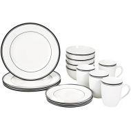 [아마존베스트]Amazon Basics 16-Piece Cafe Stripe Kitchen Dinnerware Set, Plates, Bowls, Mugs, Service for 4, Black
