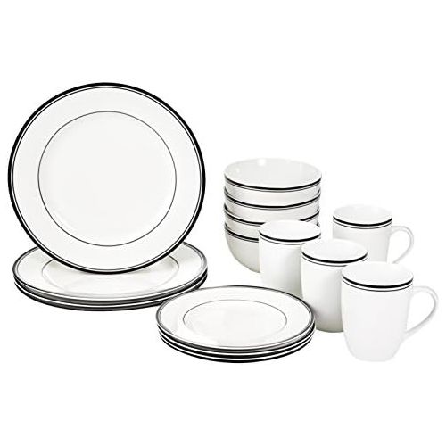  [아마존베스트]Amazon Basics 16-Piece Cafe Stripe Kitchen Dinnerware Set, Plates, Bowls, Mugs, Service for 4, Black