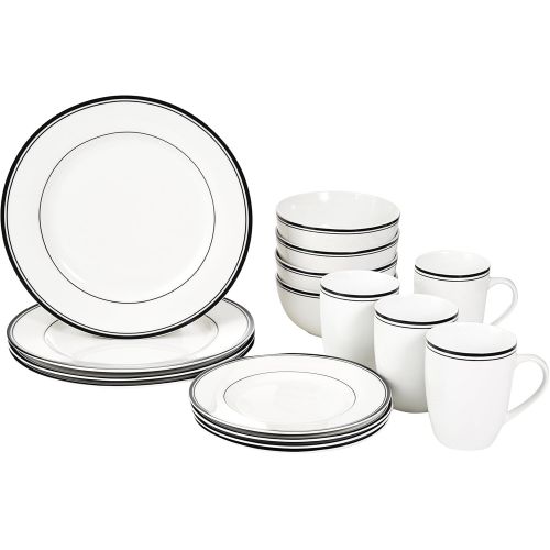  [아마존베스트]Amazon Basics 16-Piece Cafe Stripe Kitchen Dinnerware Set, Plates, Bowls, Mugs, Service for 4, Black