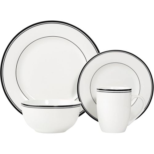  [아마존베스트]Amazon Basics 16-Piece Cafe Stripe Kitchen Dinnerware Set, Plates, Bowls, Mugs, Service for 4, Black