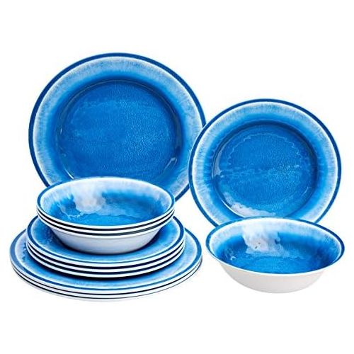  [아마존베스트]Amazon Basics 12-Piece Melamine Dinnerware Set - Service for 4, Blue Crackle Glaze