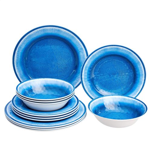  [아마존베스트]Amazon Basics 12-Piece Melamine Dinnerware Set - Service for 4, Blue Crackle Glaze