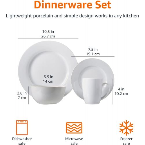  [아마존베스트]Amazon Basics 16-Piece Kitchen Dinnerware Set, Plates, Bowls, Mugs, Service for 4, White