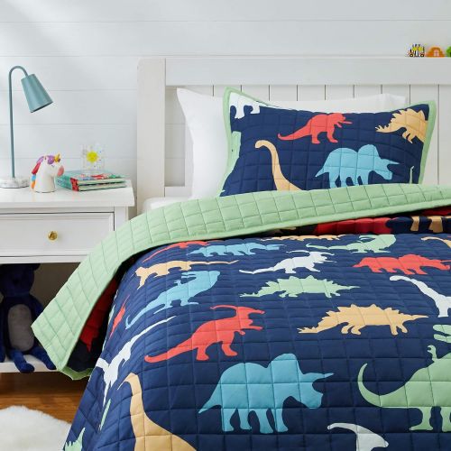  [아마존베스트]Amazon Basics Kids Dinosaur Squad 100% Cotton Reversible Quilt Bedspread - Twin, Dinosaur Squad/ Leafy Green