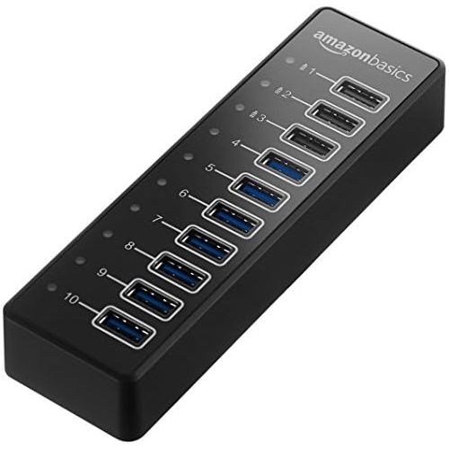  AmazonBasics USB-A 3.1 10-Port Hub with Power Adapter - 65W (20V3.25A), Black