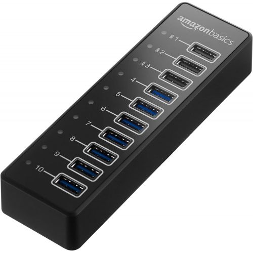  AmazonBasics USB-A 3.1 10-Port Hub with Power Adapter - 65W (20V3.25A), Black