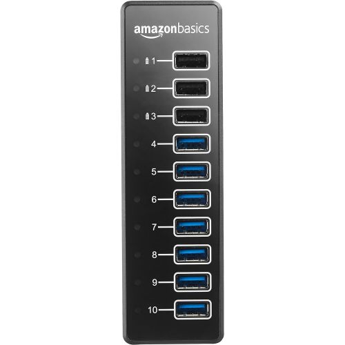  AmazonBasics USB-A 3.1 10-Port Hub with Power Adapter - 65W (20V3.25A), Black