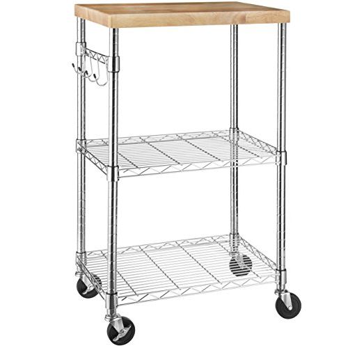  Amazon Basics Kitchen Storage Microwave Rack Cart on Caster Wheels with Adjustable Shelves, 175 Pound Capacity Chrome/Wood