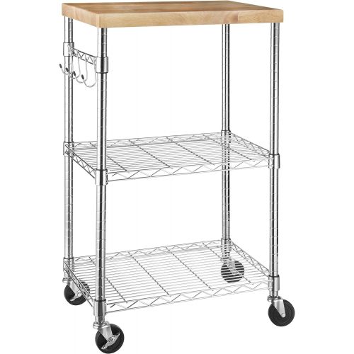  Amazon Basics Kitchen Storage Microwave Rack Cart on Caster Wheels with Adjustable Shelves, 175 Pound Capacity Chrome/Wood