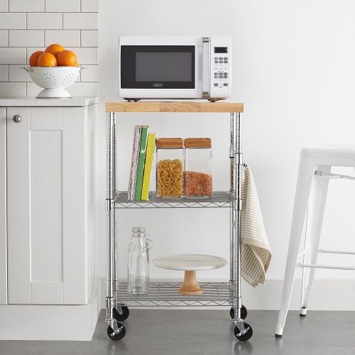  Amazon Basics Kitchen Storage Microwave Rack Cart on Caster Wheels with Adjustable Shelves, 175 Pound Capacity Chrome/Wood