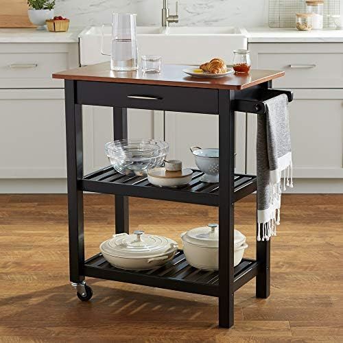  Amazon Basics Kitchen Island Cart with Storage, Solid Wood Top and Wheels Cherry / Black