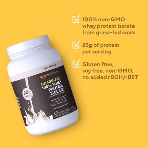  Amazon Brand - Amazon Elements Grass-Fed 100% Whey Protein Isolate Powder, Natural Chocolate, 2lbs