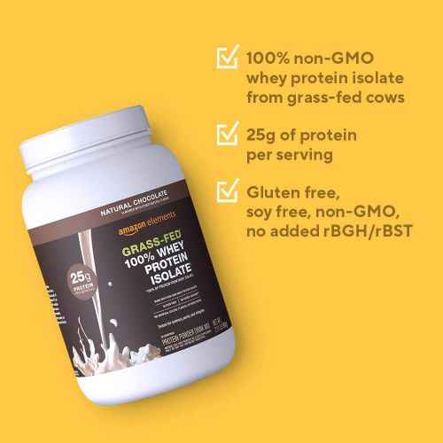  Amazon Brand - Amazon Elements Grass-Fed 100% Whey Protein Isolate Powder, Natural Chocolate, 2lbs