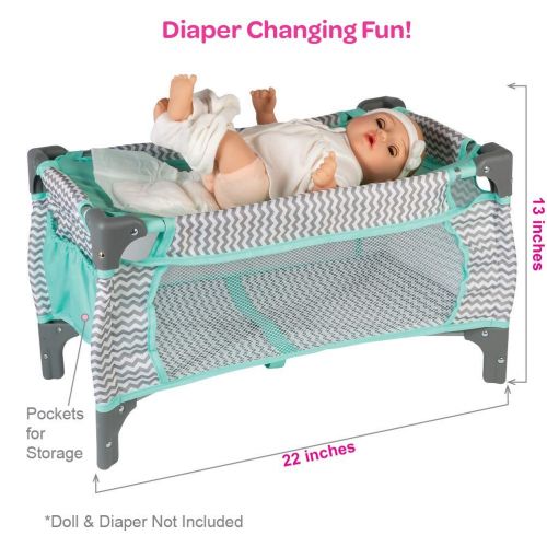  Amazon Renewed Adora Baby Doll Crib Zig Zag Deluxe Pack N Play, Fits Dolls up to 20 inches, Bed/Playpen/Crib, Changing Table, Mobile with 3 Clouds and Storage Bag (Renewed)