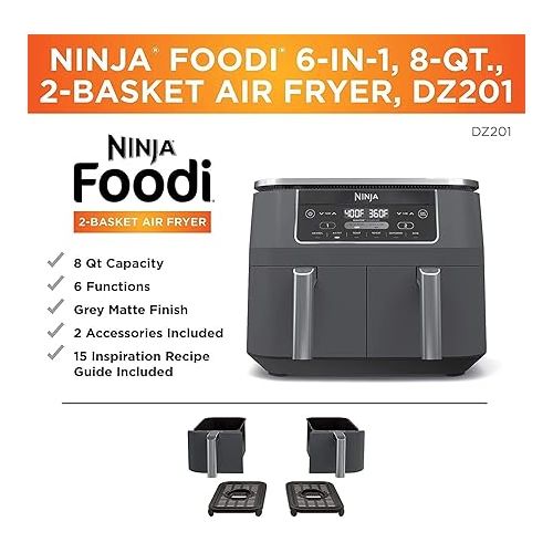  Ninja DZ100 Foodi 4-in-1, 8-qt., 2-Basket Air Fryer with DualZone Technology, DZ100 8-qt BLACK (Renewed)