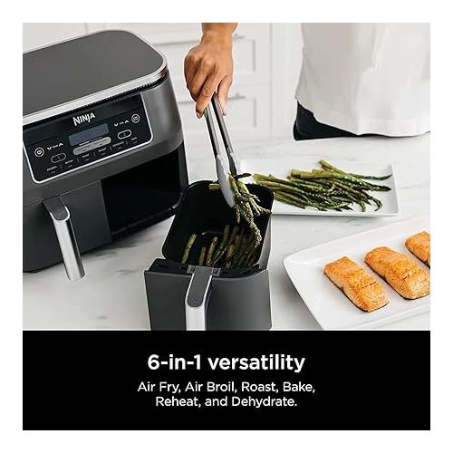  Ninja DZ201 Foodi 8 Quart 6-in-1 DualZone 2-Basket Air Fryer with 2 Independent Frying Baskets, Match Cook & Smart Finish to Roast, Broil, Dehydrate & More for Quick, Easy Meals, Grey (Renewed)