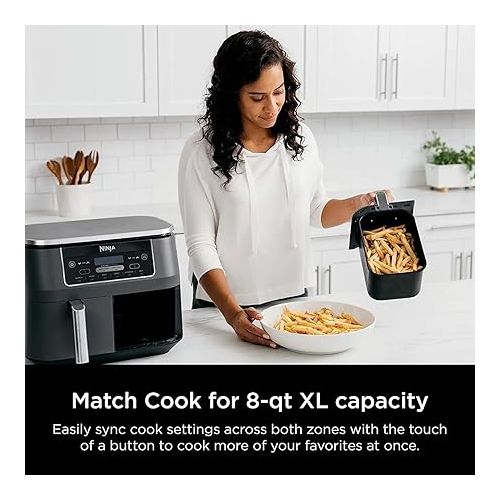  Ninja DZ201 Foodi 8 Quart 6-in-1 DualZone 2-Basket Air Fryer with 2 Independent Frying Baskets, Match Cook & Smart Finish to Roast, Broil, Dehydrate & More for Quick, Easy Meals, Grey (Renewed)