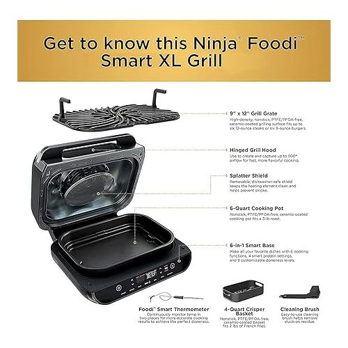  Ninja FG551 Foodi Smart XL 6-in-1 Indoor Grill with 4-Quart Air Fryer Roast Bake Dehydrate Broil and Leave-in Thermometer, Extra Large Capacity, a stainless steel Finish (Renewed) (Cinnemon/RED)