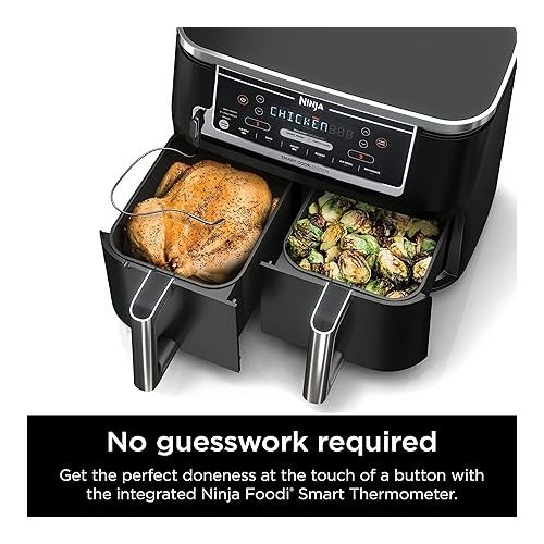  Ninja DZ550 Foodi 10 Quart 6-in-1 DualZone Smart XL Air Fryer with 2 Independent Baskets, Smart Cook Thermometer for Perfect Doneness, Match Cook & Smart Finish to Roast, Dehydrate & More, Grey (Renewed)