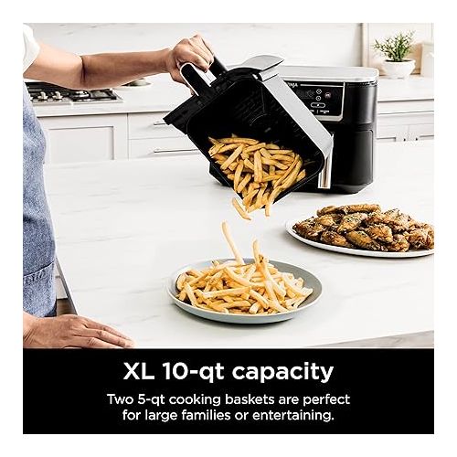  Ninja DZ550 Foodi 10 Quart 6-in-1 DualZone Smart XL Air Fryer with 2 Independent Baskets, Smart Cook Thermometer for Perfect Doneness, Match Cook & Smart Finish to Roast, Dehydrate & More, Grey (Renewed)