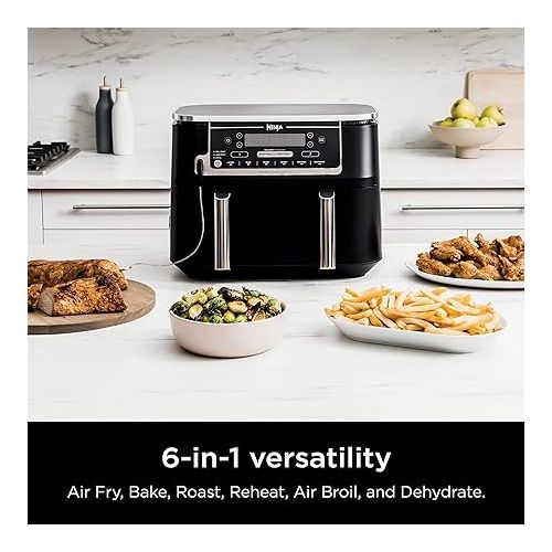  Ninja DZ550 Foodi 10 Quart 6-in-1 DualZone Smart XL Air Fryer with 2 Independent Baskets, Smart Cook Thermometer for Perfect Doneness, Match Cook & Smart Finish to Roast, Dehydrate & More, Grey (Renewed)