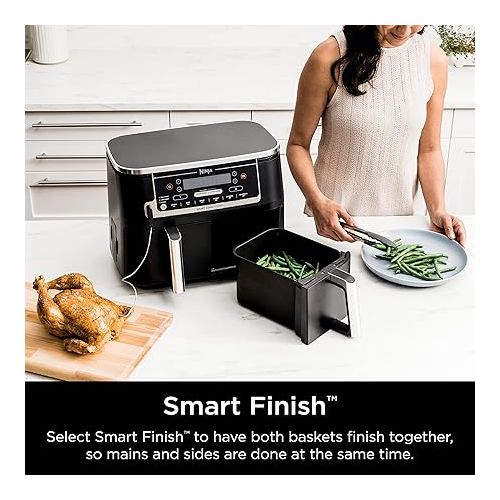  Ninja DZ550 Foodi 10 Quart 6-in-1 DualZone Smart XL Air Fryer with 2 Independent Baskets, Smart Cook Thermometer for Perfect Doneness, Match Cook & Smart Finish to Roast, Dehydrate & More, Grey (Renewed)