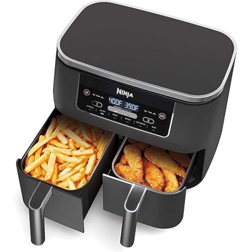  Ninja DZ201 Foodi 6-in-1 2-Basket Air Fryer with DualZone Technology, 8-Quart Capacity -Dark Grey Stainless-(Renewed)