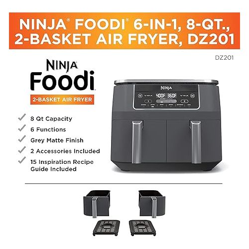  Ninja DZ201 Foodi 6-in-1 2-Basket Air Fryer with DualZone Technology, 8-Quart Capacity, and a Dark Grey Stainless Finish (Dark Grey Stainless) (Renewed)