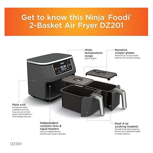  Ninja DZ201 Foodi 6-in-1 2-Basket Air Fryer with DualZone Technology, 8-Quart Capacity, and a Dark Grey Stainless Finish (Dark Grey Stainless) (Renewed)