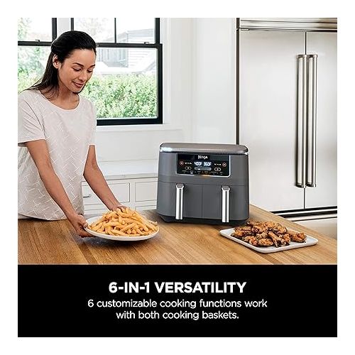  Ninja DZ201 Foodi 6-in-1 2-Basket Air Fryer with DualZone Technology, 8-Quart Capacity, and a Dark Grey Stainless Finish (Dark Grey Stainless) (Renewed)