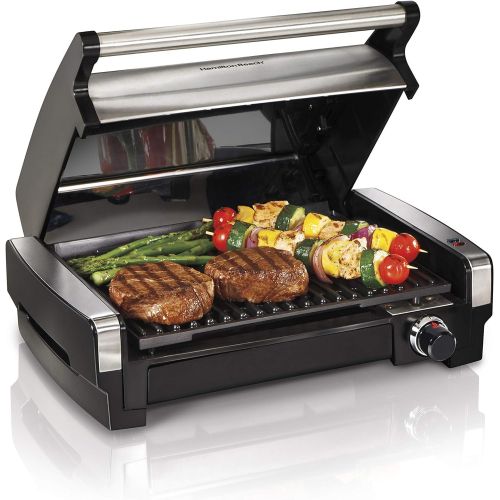  [아마존베스트]Hamilton Beach 25360 Indoor Searing Grill with Removable Easy-to-Clean Nonstick Plate, Extra-Large Drip Tray, Stainless Steel (Renewed)